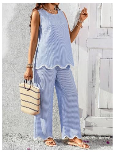 RoseSeek Women's Maternity 2 Piece Outfits Tank Top and Wide Leg Pants - color: Blue and White, size: Medium