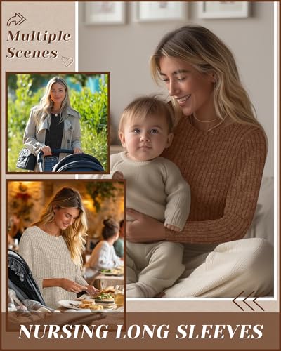 3 Pack Maternity Nursing Ribbed Long Sleeve Tops - color: Black, Apricot, Brown, size: XX-Large
