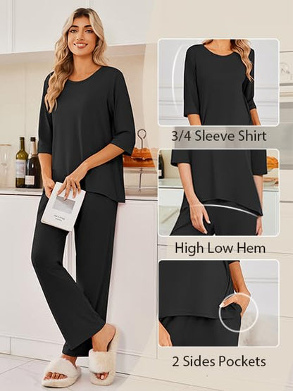 Ekouaer Womens Pajamas Set 2 Piece 3/4 Sleeve Tops Long Pants Pj Set - color: Black, size: Medium