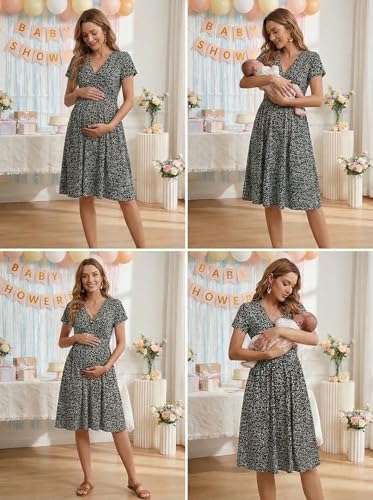 OUGES Women's Wrap V Neck Summer Casual Maternity Nursing Dress - color: Black Blue Floral, size: X-Large