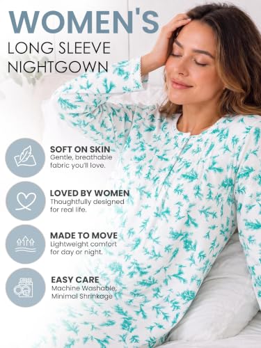Casual Nights Women's Flannel Floral Long Sleeve Nightgown - color: Leaf Green, size: Medium