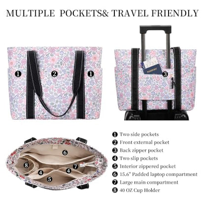 Tote Bag for Women with LaptopCompartment & Cup Holder - color: Delicate Fleur