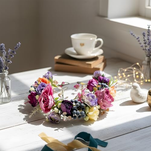 Fairy Flower Crown Headband, Pink Purple Rose Floral Headpiece - color: Purple