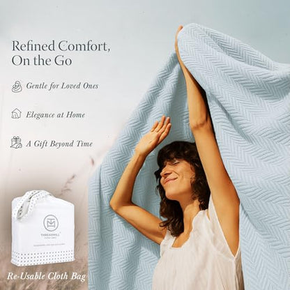 Threadmill Luxury 100% Cotton Twin Herringbone Blanket, Light Blue - color: Light Blue, size: Twin (68" x 92")