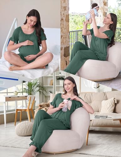 SUNNYBUY 3 PCS Ruffle Nursing Pajamas Set with Bow, Maternity Sleepwear - color: Teal, size: Medium