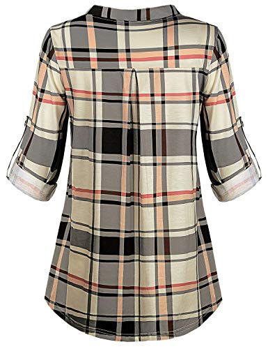 Joymom Maternity Rolled Long Sleeve Nursing Tops Tunic Blouses Breastfeeding - color: 1-1 Beige Plaid, size: X-Large