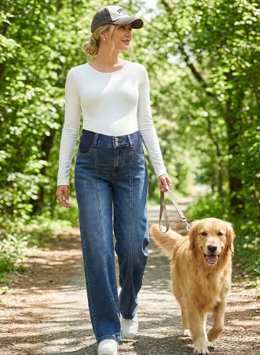 BLENCOT Women's Maternity Jeans High Waist Side Panel Wide Leg Denim Pants - color: Dark Blue, size: Medium