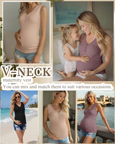 3 Pack Women Maternity Henley Tank Tops - color: Black, Khaki, Gray Purple, size: Medium