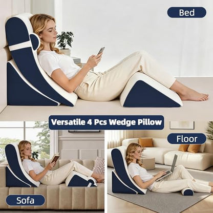 Wedge Pillow Set for After Surgery,White/Navy,4PCS-22 - color: White/Navy, size: 4PCS-22''