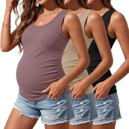 Riyiper 3 Pack Women's Maternity Tank Tops - color: Black, Khaki, Gray Purple, size: Medium