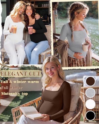 4 Pcs Womens Maternity Long Sleeve Square Neck Shirts - color: Brown, Light Mixed Gray, White, Black, size: Medium