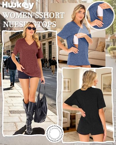 Huukeay 3 Pack Women's V Neck Nursing T-Shirts - color: Dark Red, Denim Blue, Black, size: Small