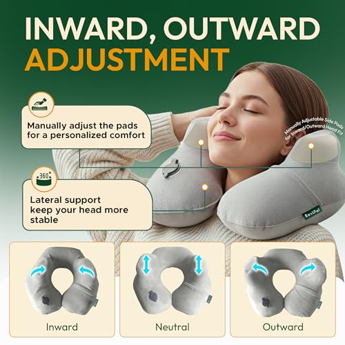 Inflatable Travel Neck Pillow with Adjustable Memory Foam Sides | Lightweight, Soft & Portable Support (Light Gray, Standard) - color: Light Gray