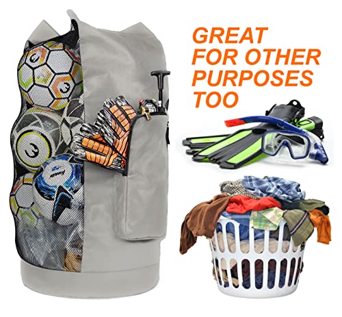 Fitdom XL Mesh Ball Bag for Soccer & Sports, Adjustable Shoulder Strap - color: Grey / Black