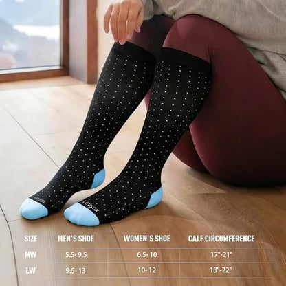 LEVSOX Bamboo Viscose Compression Socks Wide Calf 15-20 mmHg with Cushioned - color: Black Polka Dots, size: Medium