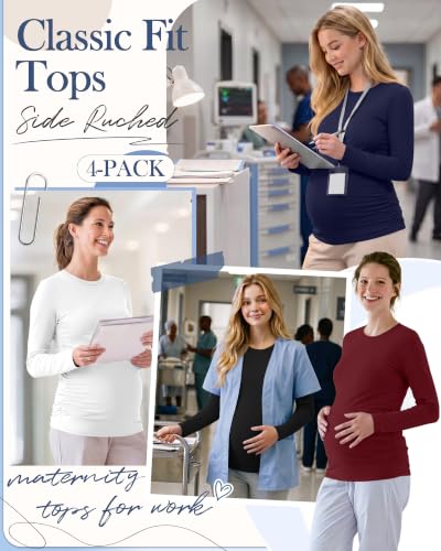 Locoowai 4 Pack Long Sleeve Maternity Underscrub Tops for Nurses - color: Black, White, Navy Blue, Wine Red, size: Medium