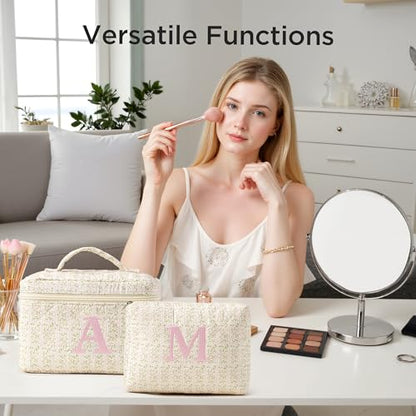 HBselect 2Pcs Initial Makeup Bag Personalized Quilted Cosmetic Bag - color: 2Pcs Pinkflower, style: K