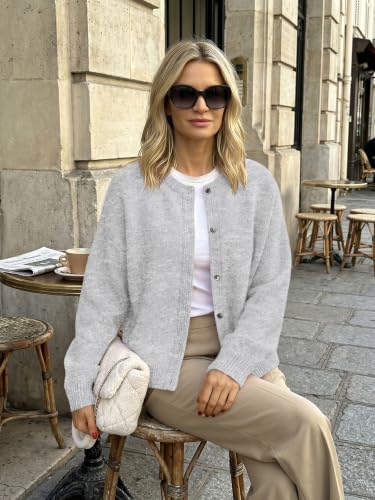 LILLUSORY Womens Crew Neck Button Down Cardigan Sweater - color: Light Grey, size: Medium
