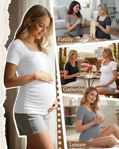 Huukeay 4 Pack Women's Short Sleeve Maternity Shirts - color: Black, Dark Gray, Light Gary, White, size: Medium