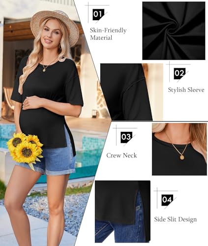 Ekouaer Maternity Shirts 3 Packs Short Sleeve Split Side Pregnancy Tops - color: Black/Light Gray/White, size: Large