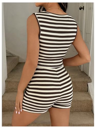 OYOANGLE Women's Maternity Sets 2 Piece Outfits Summer Striped Short Set - color: Brown, size: Medium