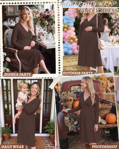 Locoowai Maternity Wrap Long Sleeve Dress V Neck Fall Dress - color: Brown, size: Large