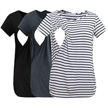 Smallshow Women's Nursing Tops Ruched Short Sleeve Breastfeeding Shirts 3-Pack - color: Black-deep Grey-white Stripe, size: X-Large