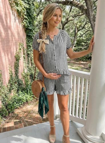BLENCOT Maternity Clothes 2 PCS Gingham Cotton Pregnancy Pajamas Short Sets - color: Black, size: Medium