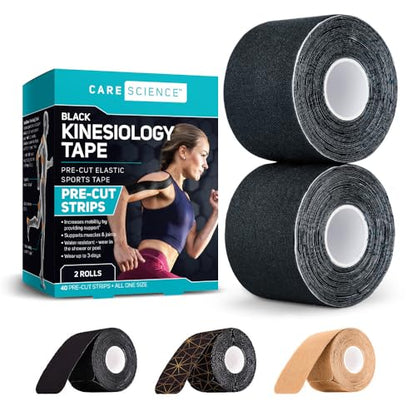 Care Science Waterproof Black Kinesiology Tape, 40 Precut Strips, 2 Rolls - color: Black Precut