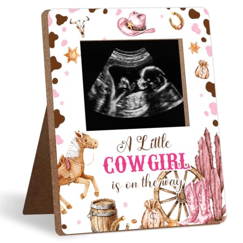 Cowboy Baby Shower Decor Frame, A Little COWGIRL IS ON THE WAY Baby Shower Party Supplies for Expecting Parents-to-Be Keepsake Gifts, Pregnancy Sonogram Frame Keepsake, Gender Reveal Presents - color: Cowboy