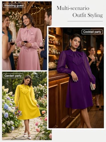 Ekaliy Women Bow Collar Shift A-Line Knee-Length Dress Church Cocktail Work - color: Purple, size: Medium