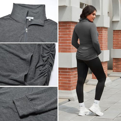 GINKANA Maternity Women's Long Sleeve Shirt Half Zipper Lapel Lightweight Casual Maternity Pullover with Pockets - color: Deep Grey, size: Medium