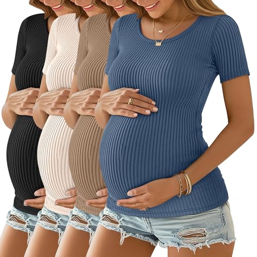 Oakgarden 4 Pack Women's Maternity Shirts - color: Haze Blue, Khaki, Apricot, Black, size: Medium