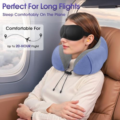 CloudBliss Travel Pillow for Airplanes, Memory Foam Neck Pillow Set, Blue - color: Blue