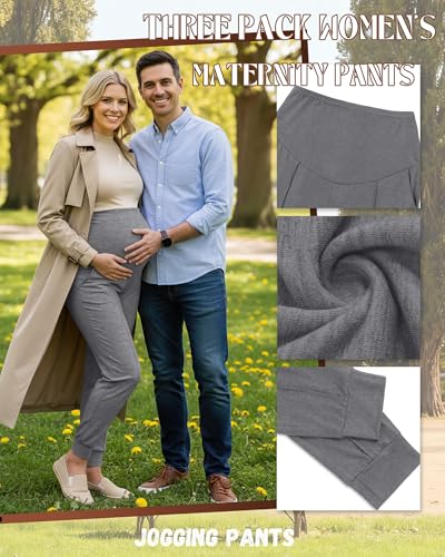 Oakgarden 3 Pack Women's Maternity Pants Over the Belly Joggers - color: Black, Dark Mixed Gray, Light Mixed Gray, size: Small