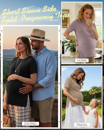 Ficerd 3 Pack Women's Maternity T Shirts - color: Black, Khaki, Gray Purple, size: Large