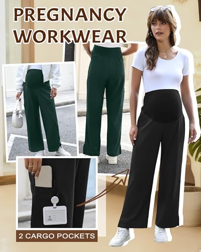 2 Pack Women's Maternity Scrub Pants with 6 Pockets - color: Black, Dark Green, size: X-Large