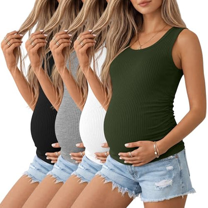 Ficerd 4 Pack Women's Maternity Tank Cotton Tops - color: Black, Light Heather Gray, White, Army Green, size: Large