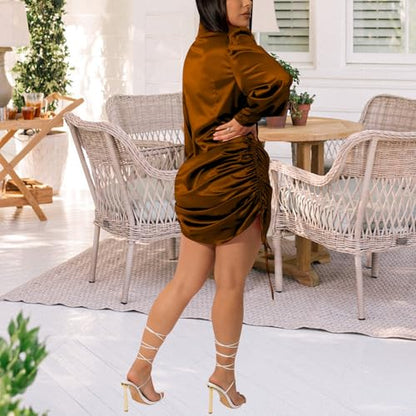 Women's Sexy Button Down Shirts Loose Collar Long Sleeve Ruched Silk Cloth Night Out Club Mini Wrap Dress Drawstring - color: Brown, size: XX-Large