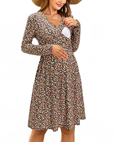 OUGES Women's Nursing Breastfeeding Pocket Fall Baby Shower Maternity Dress - color: Yellow Floral Pink, size: Large