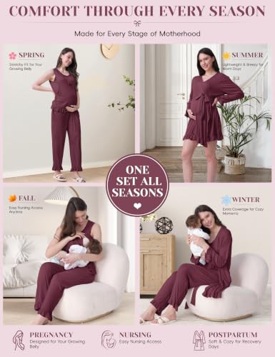 SUNNYBUY 3 PCS Ruffle Maternity Nursing Pajamas Set & Robe for Postpartum - color: Burgundy, size: Medium