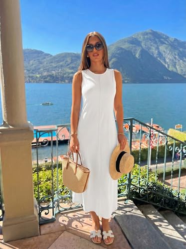 MEROKEETY Women's Summer Maxi Dresses Casual Sleeveless Cotton Tank Dress - color: White, size: Medium