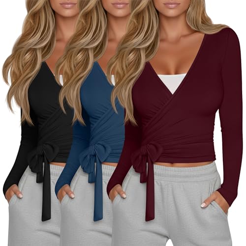 Oakgarden 3 Pack Womens Pilates Wrap Tops Ballet Tie Wrap Shirts - color: Black, Navy Blue, Wine Red, size: X-Large