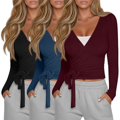 Oakgarden 3 Pack Womens Pilates Wrap Tops Ballet Tie Wrap Shirts - color: Black, Navy Blue, Wine Red, size: X-Large