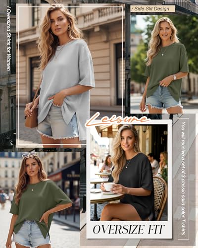 3 Pack Womens Oversized Waffle Knit Tops - color: Black, Light Gray, Olive Green, size: XX-Large