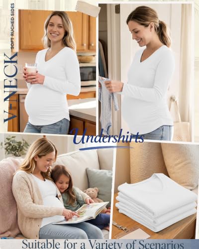 3 Pack Women Maternity Shirts Scrub Tops Side Ruched - color: White, White, White, size: XX-Large