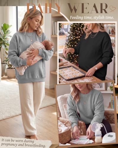 Locoowai 2 Pack Women's Oversize Nursing Sweatshirts - color: Light Heather Gray, Black, size: Medium
