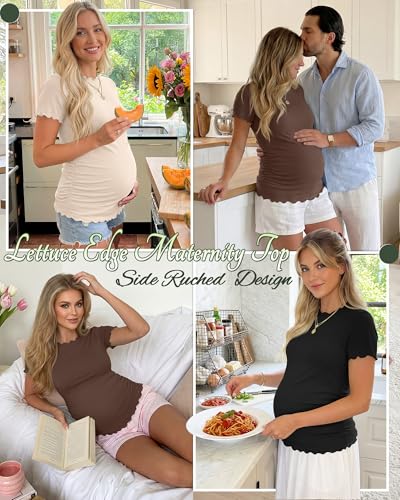 Xaatren 3 Pack Women's Maternity Short Sleeve Shirts - color: Beige, Brown, Black, size: X-Large
