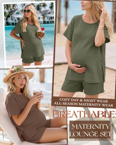 Riyiper 4 Pcs 100% Cotton Maternity Pajamas Sets - color: Army Green, Light Brown, size: Medium