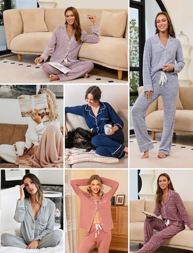 Leikar Button Up Pajama Set For Women Long Sleeve Shirt And Pajama Pants Soft Pjs Lounge Sets - color: A-thickened Red, size: Medium